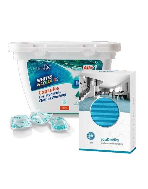 Komfortui namuose: skalbimo kapsulės ir dvipusė šluostė grindims (140110+980198)