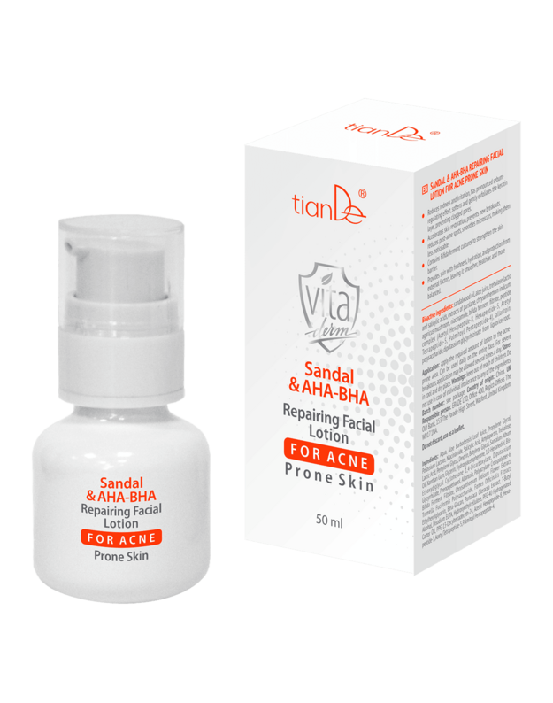 Atkuriamasis veido losjonas į spuogus linkusiai odai su sandalmedžiu ir AHA-BHA, 50 ml.