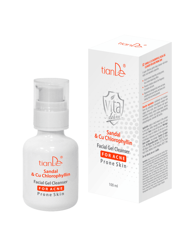 Gelinis veido prausiklis į spuogus linkusiai odai su sandalmedžiu ir Cu chlorofilu, 100 ml.