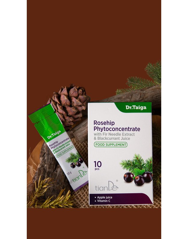 Erškėtuogių sulčių koncentratas su europinių kėnių spyglių ekstraktu ir juodųjų serbentų uogų sultimis 10 pakelių po 10 g. 1